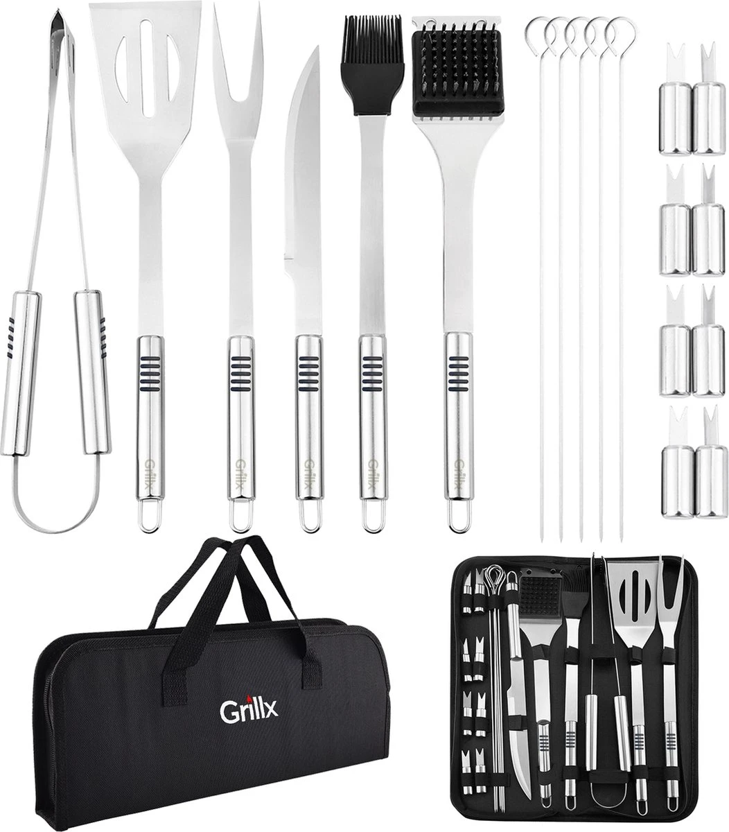 GrillX Barbecue Gereedschap Set - 19-delig - Inclusief Luxe Draagtas - BBQ Accesoires - Gereedschapset