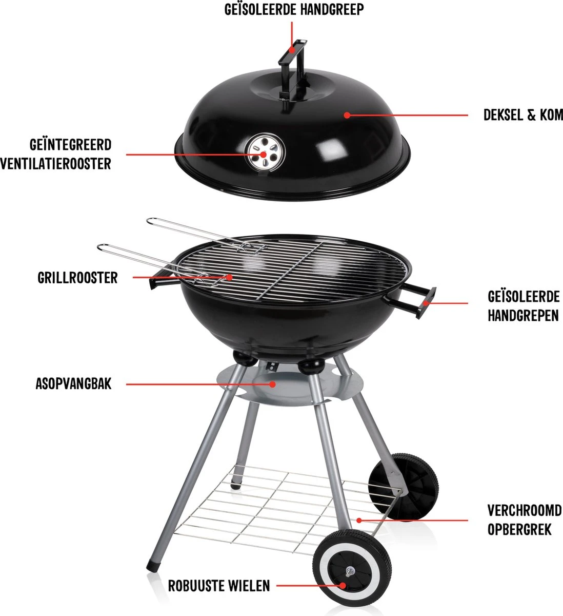 BBQ Collection Houtskoolbarbecue - Kogelbarbecue 45 X 60 Centimeter - Ronde Barbecue - Barbecue Op Wielen - Zwart - Metaal - Afbeelding 7