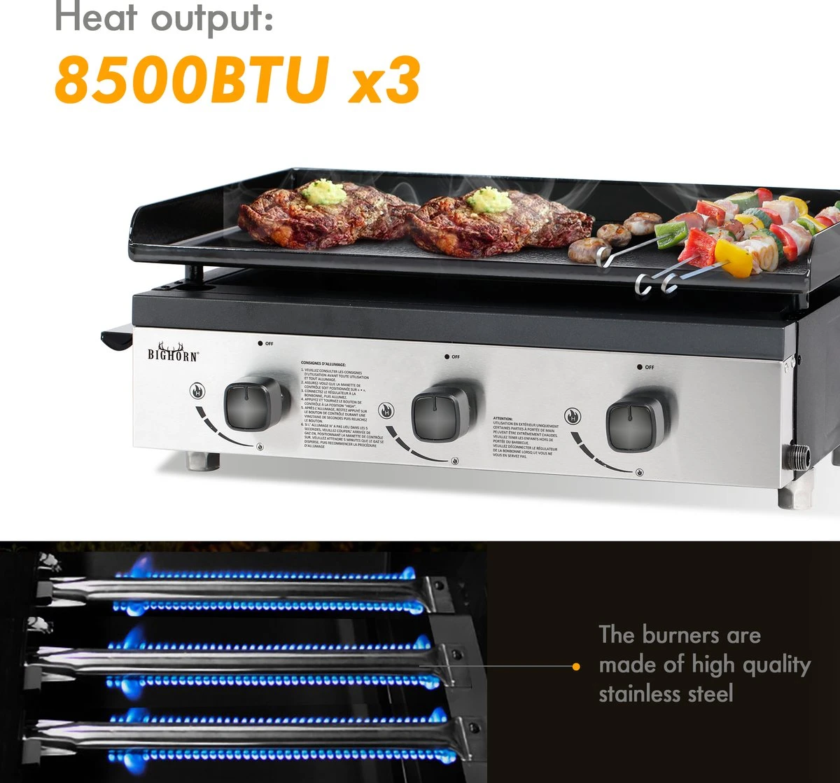 Bighorn Plancha Grill - Gasbarbecue – Tabletop – Draagbaar – 3 Branders - Afbeelding 9