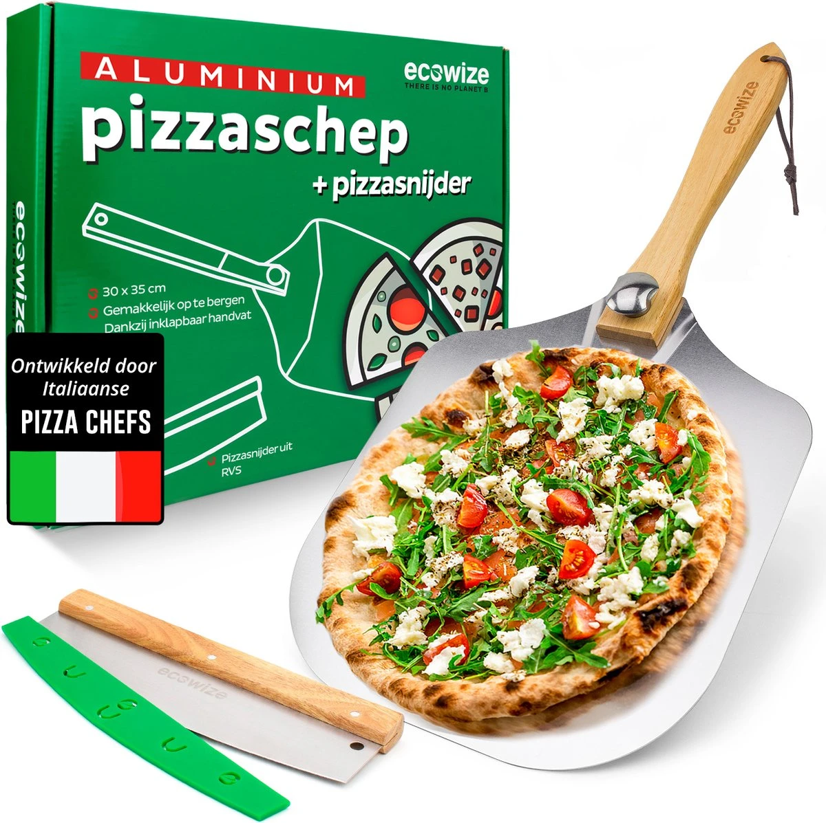 Ecowize Pizzaschep Voor BBQ En Oven - Aluminium Pizzaspatel Vierkant 30cm Met Inklapbaar Handvat - Met Extra Professionele Pizzasnijder