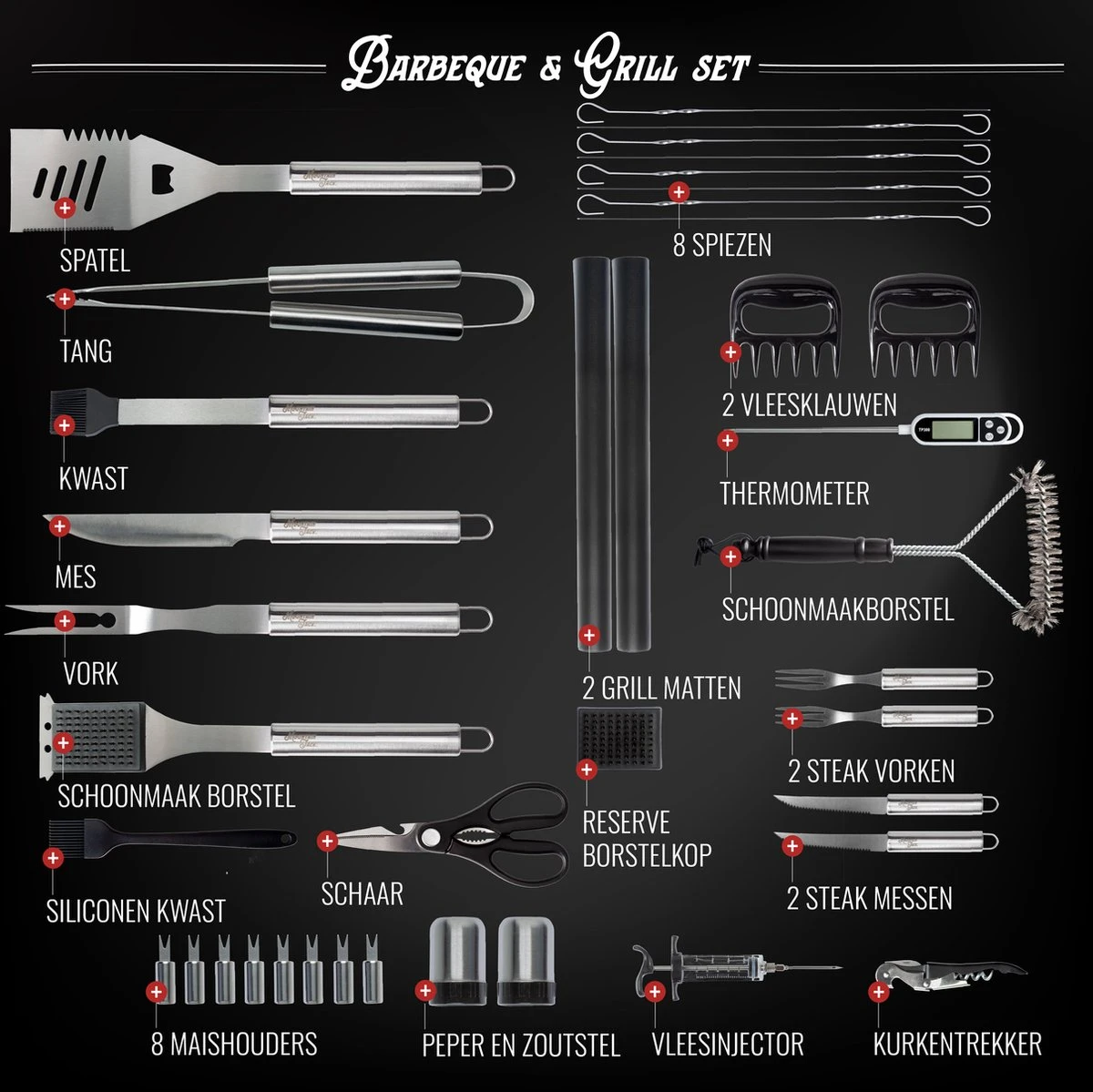 Mountain Jack® 40-Delige Luxe BBQ Grill Accessoires Set In Roestvrij Staal – Barbecue Gereedschap – Tangenset, Vlees Thermometer, Vleestang, Borstel, Spiezen, Vleesmes, Vleesvork - Afbeelding 5