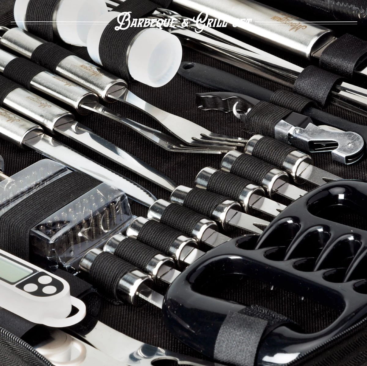 Mountain Jack® 40-Delige Luxe BBQ Grill Accessoires Set In Roestvrij Staal – Barbecue Gereedschap – Tangenset, Vlees Thermometer, Vleestang, Borstel, Spiezen, Vleesmes, Vleesvork - Afbeelding 8