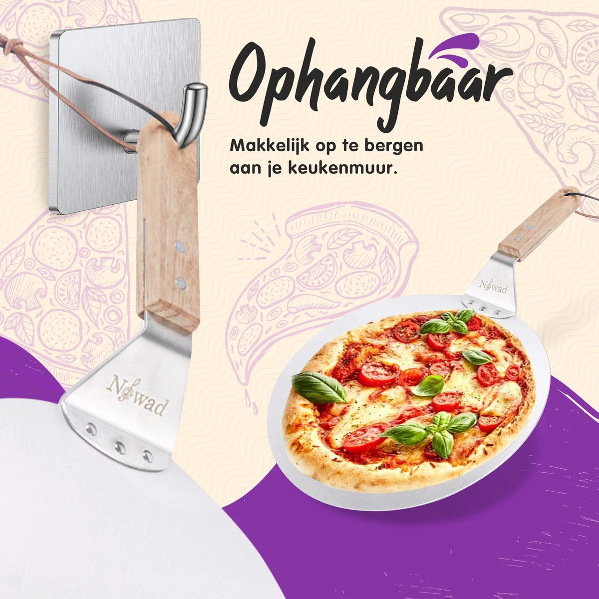 Nowad Pizzaschep RVS Rond Voor BBQ En Oven - 30,5 Cm - Pizzaspatel - Taartschep - Houten Handvat - Ophangbaar - Rond - Vaatwasbestendig - Keukenaccessoires - Afbeelding 2