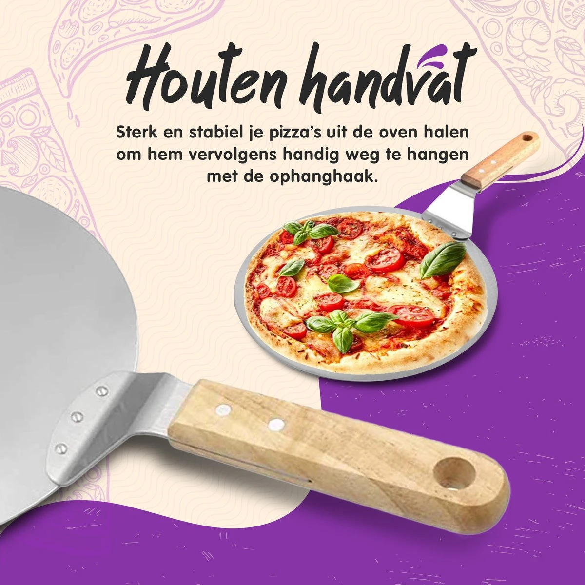 Nowad Pizzaschep RVS Rond Voor BBQ En Oven - 30,5 Cm - Pizzaspatel - Taartschep - Houten Handvat - Ophangbaar - Rond - Vaatwasbestendig - Keukenaccessoires - Afbeelding 3