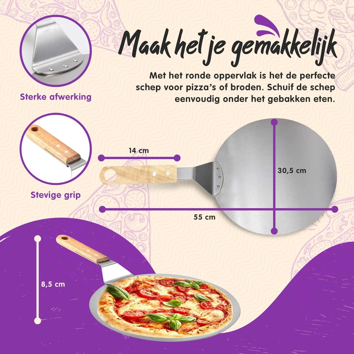 Nowad Pizzaschep RVS Rond Voor BBQ En Oven - 30,5 Cm - Pizzaspatel - Taartschep - Houten Handvat - Ophangbaar - Rond - Vaatwasbestendig - Keukenaccessoires - Afbeelding 9