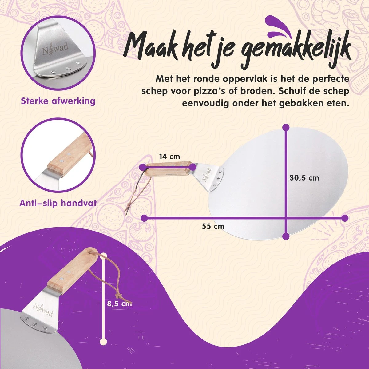 Nowad Pizzaschep RVS Rond Voor BBQ En Oven - 30,5 Cm - Pizzaspatel - Taartschep - Houten Handvat - Ophangbaar - Rond - Vaatwasbestendig - Keukenaccessoires - Afbeelding 13