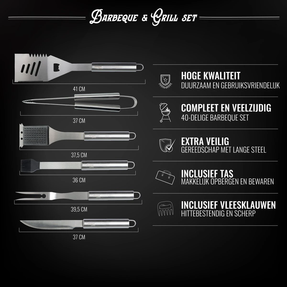 Mountain Jack® 40-Delige Luxe BBQ Grill Accessoires Set In Roestvrij Staal – Barbecue Gereedschap – Tangenset, Vlees Thermometer, Vleestang, Borstel, Spiezen, Vleesmes, Vleesvork - Afbeelding 3