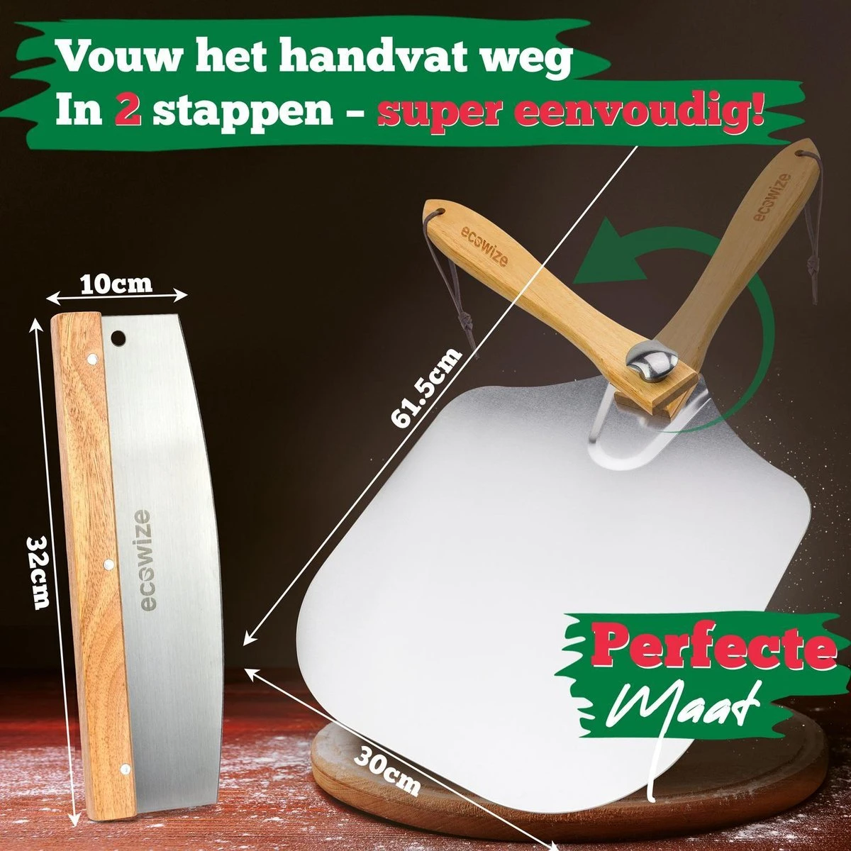 Ecowize Pizzaschep Voor BBQ En Oven - Aluminium Pizzaspatel Vierkant 30cm Met Inklapbaar Handvat - Met Extra Professionele Pizzasnijder - Afbeelding 2