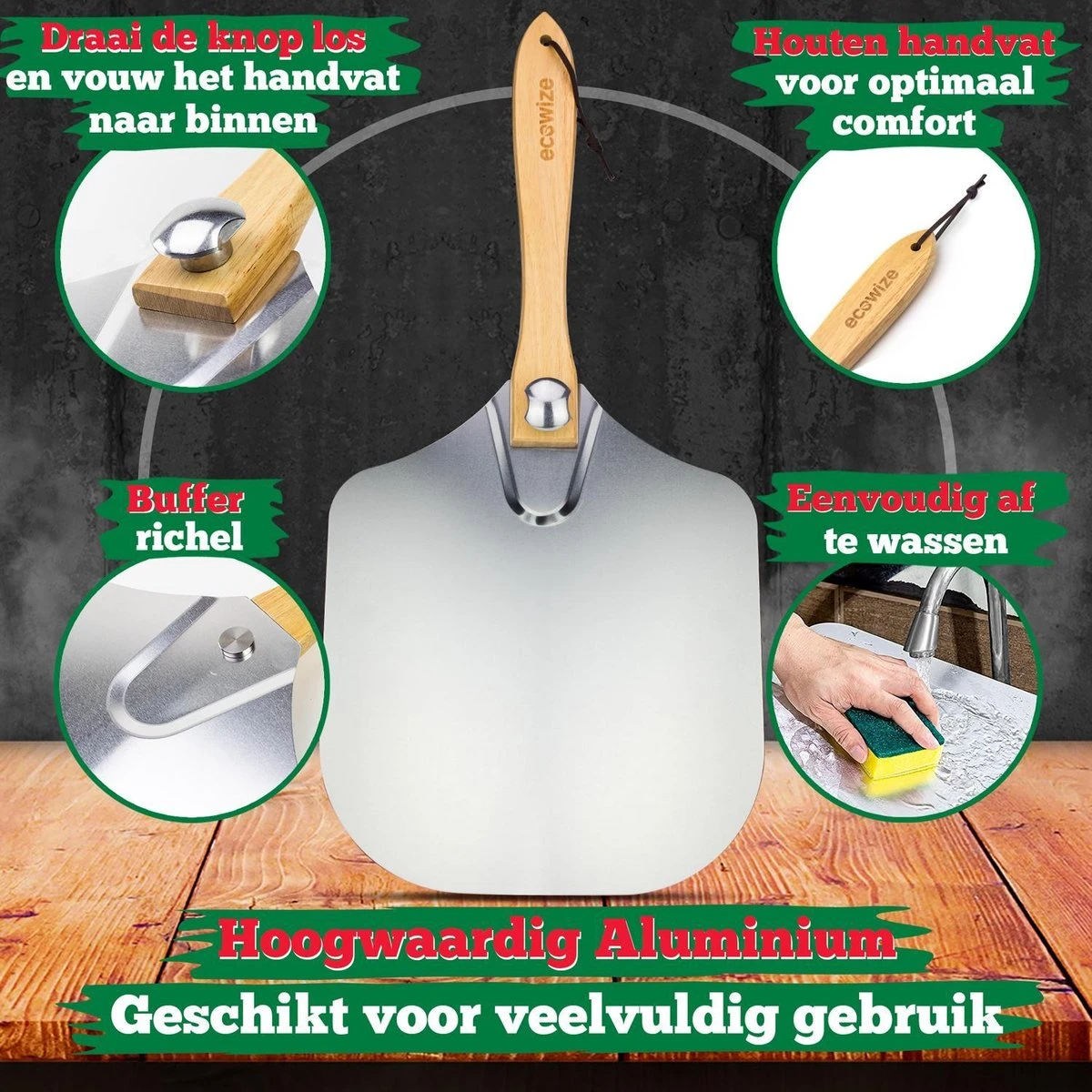 Ecowize Pizzaschep Voor BBQ En Oven - Aluminium Pizzaspatel Vierkant 30cm Met Inklapbaar Handvat - Met Extra Professionele Pizzasnijder - Afbeelding 3