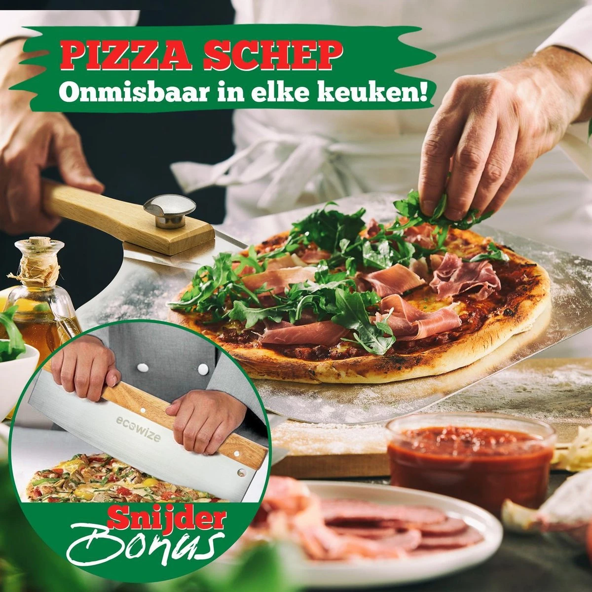 Ecowize Pizzaschep Voor BBQ En Oven - Aluminium Pizzaspatel Vierkant 30cm Met Inklapbaar Handvat - Met Extra Professionele Pizzasnijder - Afbeelding 7
