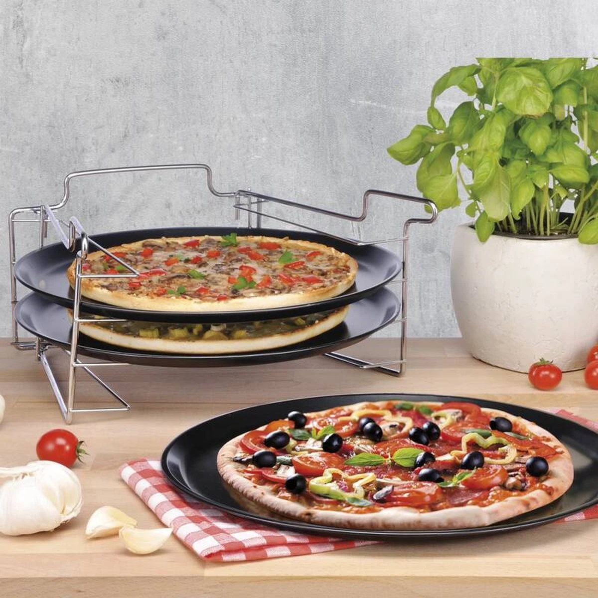 Merkloos Pizzaplaat Bakset Met 3 Bakplaten 16 X 31 Cm- Pizza Rek 3-delig - Pizzabakset Met Standaard/rek - Afbeelding 4