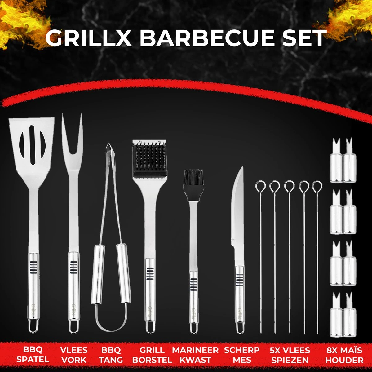 GrillX Barbecue Gereedschap Set - 19-delig - Inclusief Luxe Draagtas - BBQ Accesoires - Gereedschapset - Afbeelding 9