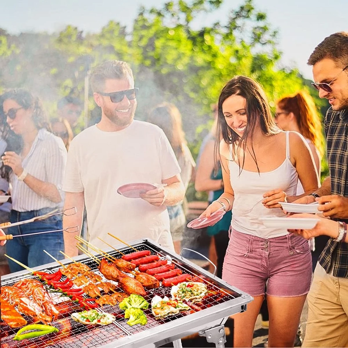 Uten - Houtskoolbarbecue - Opvouwbare Barbecue - Houtskoolbarbecues - Draagbare Camping Barbecue - 430 Roestvrij Staal Grill BBQ - 5-10 Persoon Tuin Buitenfeest - Zilver - Afbeelding 2