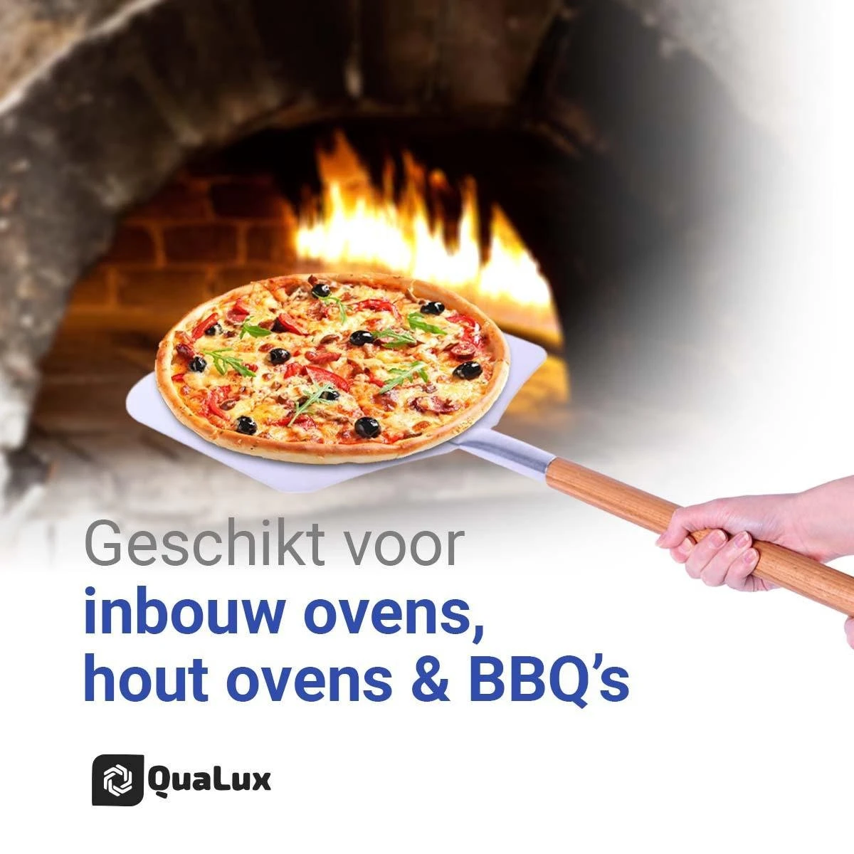 Qualux Pizzaschep Tweedelig – Pizzaschep Voor BBQ – Ophangbaar – Hout/rvs - Afbeelding 3
