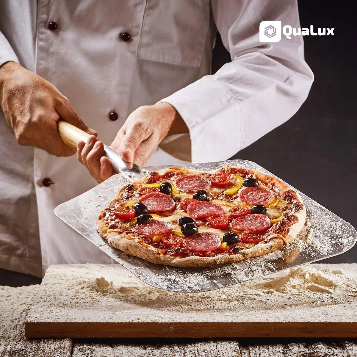 Qualux Pizzaschep Tweedelig – Pizzaschep Voor BBQ – Ophangbaar – Hout/rvs - Afbeelding 4