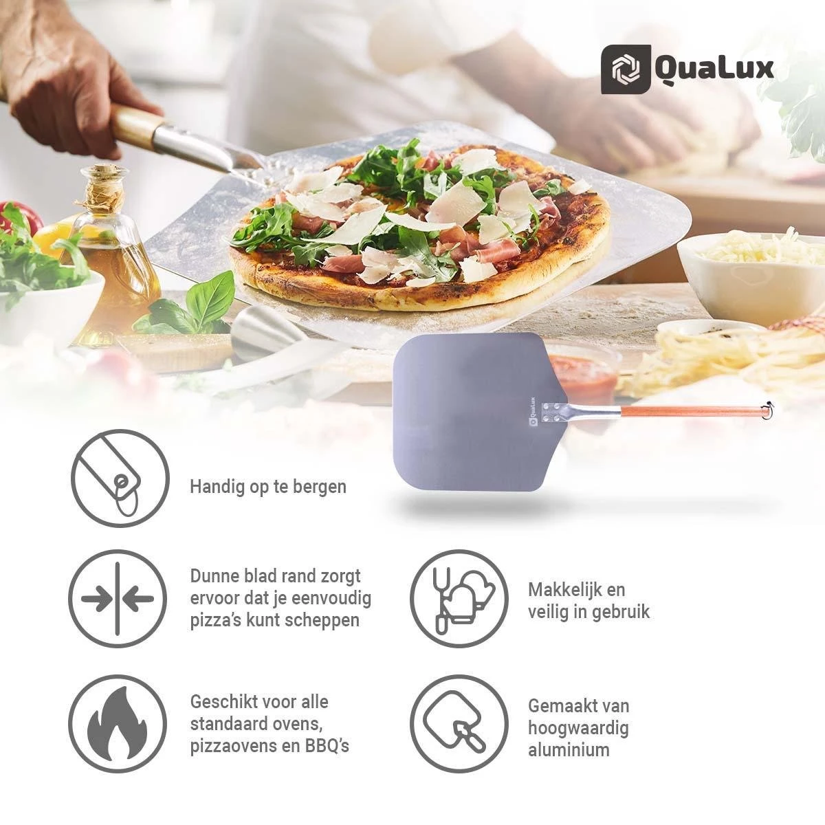 Qualux Pizzaschep Tweedelig – Pizzaschep Voor BBQ – Ophangbaar – Hout/rvs - Afbeelding 5