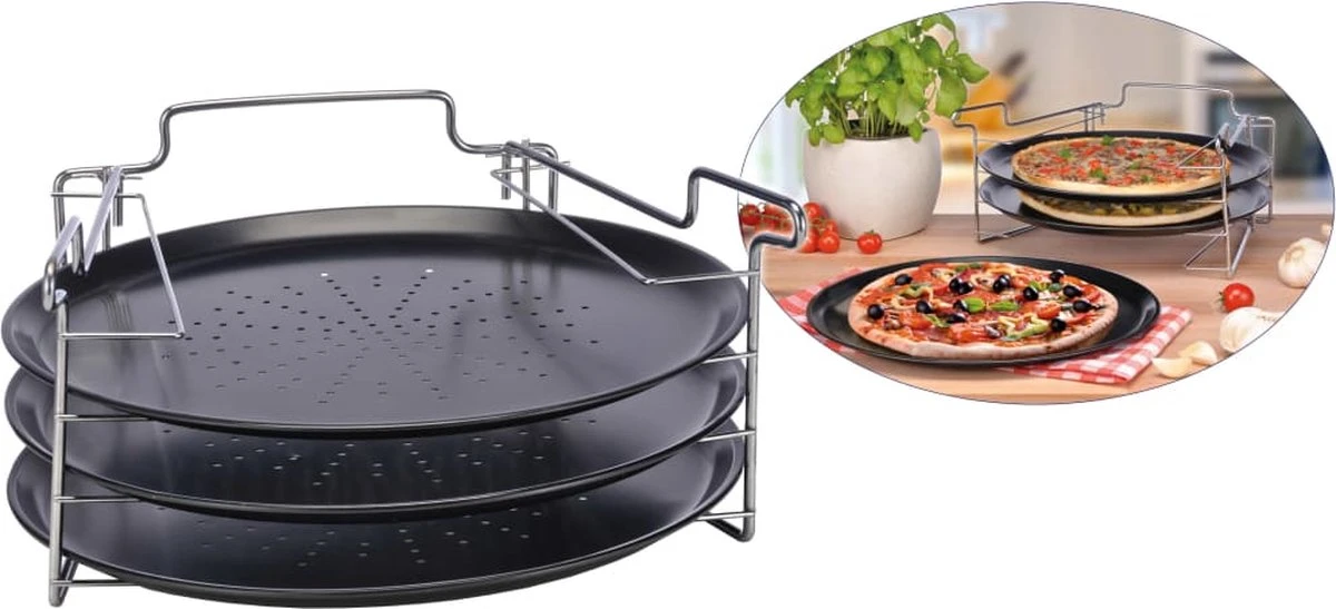 Merkloos Pizzaplaat Bakset Met 3 Bakplaten 16 X 31 Cm- Pizza Rek 3-delig - Pizzabakset Met Standaard/rek - Afbeelding 2